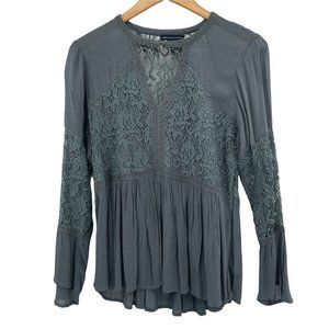 American Eagle Slate Lace Peplum Keyhole Long Sleeve BOHO Medium Knit Blouse